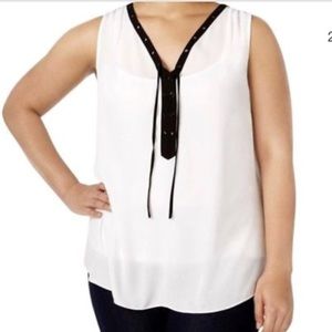 INC White Chiffon Lace-Up Tank